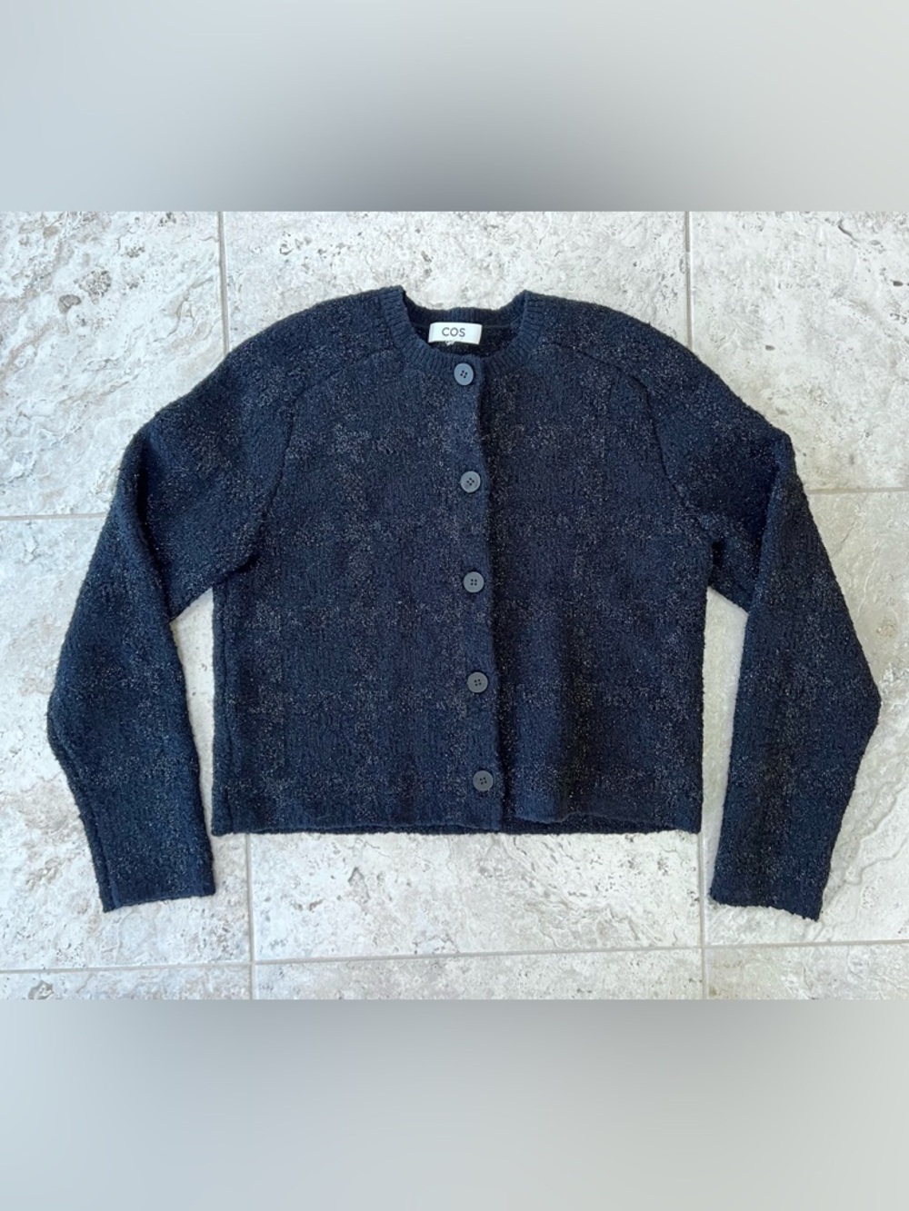 COS Black Sparkly Bouclé-Knit Button Front Crop Cardigan, Black Metallic, Small - Picture 12 of 12
